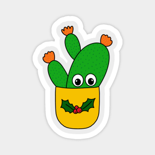 Cute Cactus Design #346: Opuntia Microdasys Cactus In Christmas Holly Pot Magnet