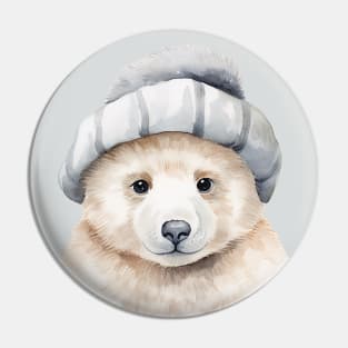 Funny baby polar bear wearing a bonnet in watercolor Pin