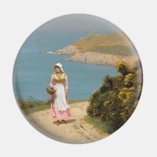 Girl On A Coastal Path by Edmund Leighton Pin