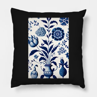 Floral Garden Botanical Print with Delft Blue and White Pillow