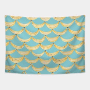 Watercolor painting of yellow bananas on light blue background Tapestry