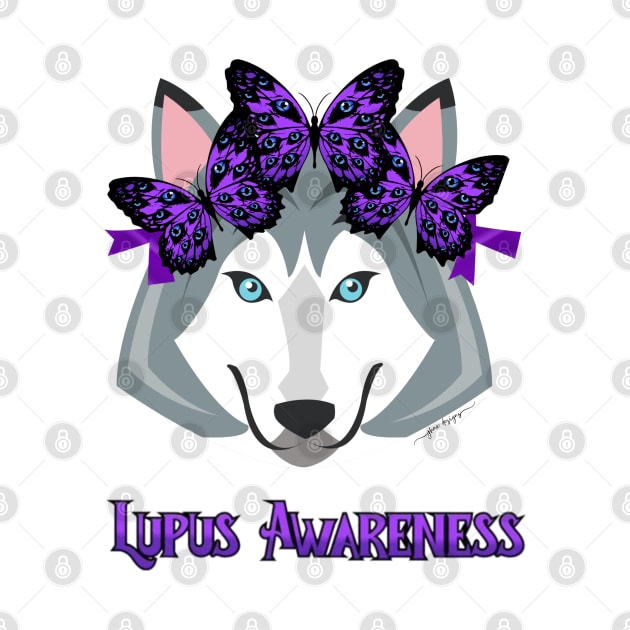 Lupus Wolf wearing Hope Butterfly Headband, Lupus Awareness by jhux designs