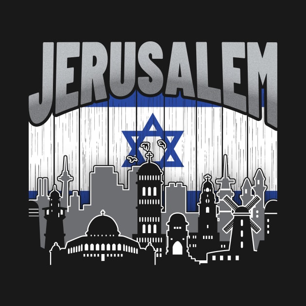 Jerusalem Israel Skyline Vintage Israeli Flag by travel2xplanet