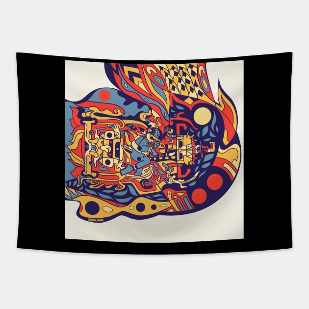 runaway mayan astronaut in ecopop alien ship Tapestry by jorge_lebeau