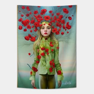 Pop surrealism painting of a girl with poppies Tapestry