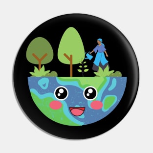 Cute Green and Clean Happy Earth Pin