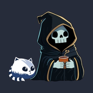 Cute Grim Reaper with Cat Having Coffee T-Shirt