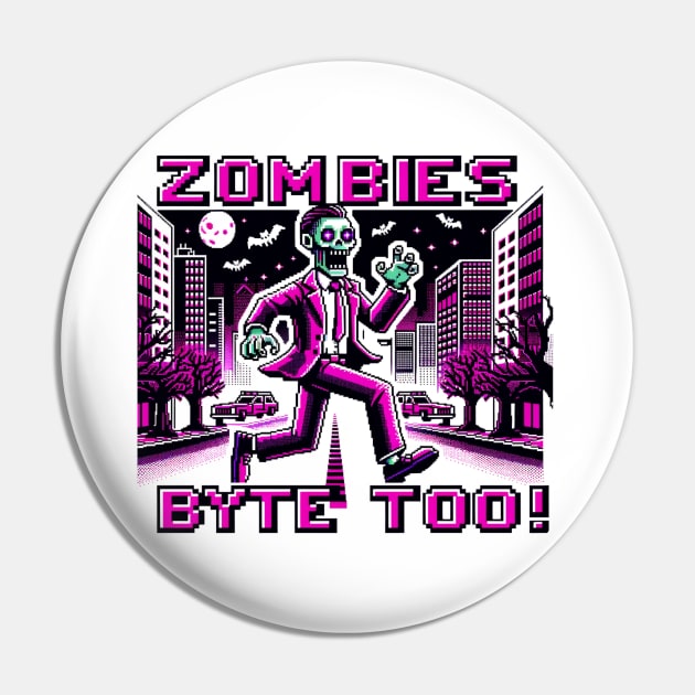 Neon Pink 8-Bit Zombie Chase in Cyberpunk City: Retro Gaming Art Pin by Pixel Punkster