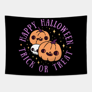 Happy Halloween trick or treat cute pumpkin heads with a skull Tapestry