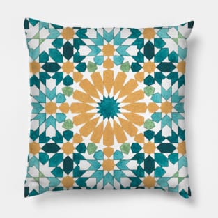 Moroccan Zellige artwork in Green and Gold Pillow