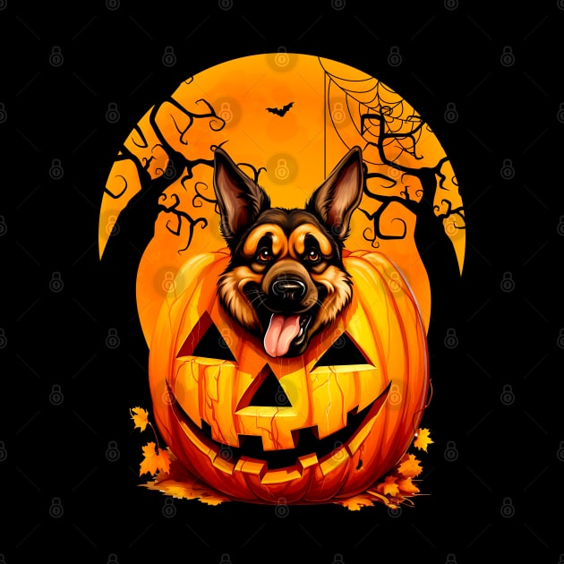 German Shepherd Inside Pumpkin, Funny Scary Halloween Moon by Printofi.com