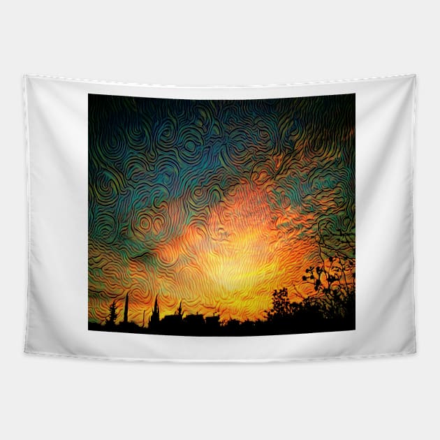 MORNING HAS BROKEN. Mosaic sky ablaze with dawn colours Tapestry by mister-john