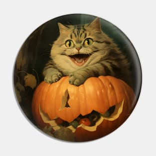 Retro Vintage: Chubby Cat and Pumpkin - Whimsical Autumn Halloween Delight Pin