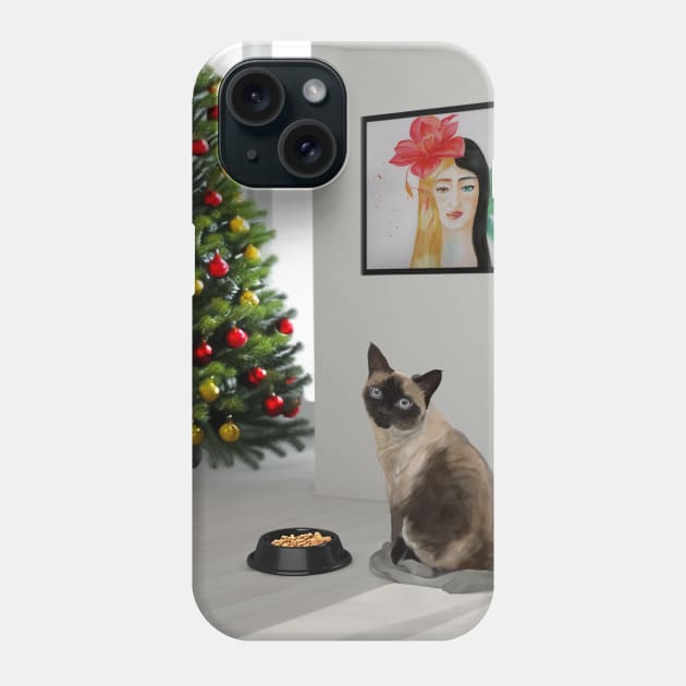 Siamese cat sitting in the white room with food and Christmas tree Phone Case by Ammi