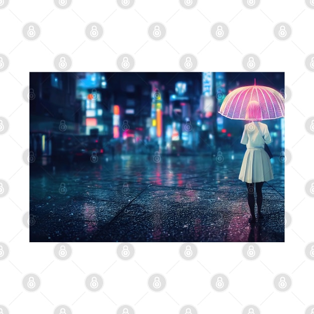 Girl walks at Asian city, Girl walks at cyberpunk city ,Girl walks at rain in city by DyeruArt