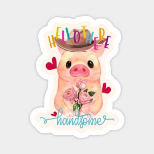 Cute Pig Holding Roses on Valentines Day - Hello There Handsome Magnet