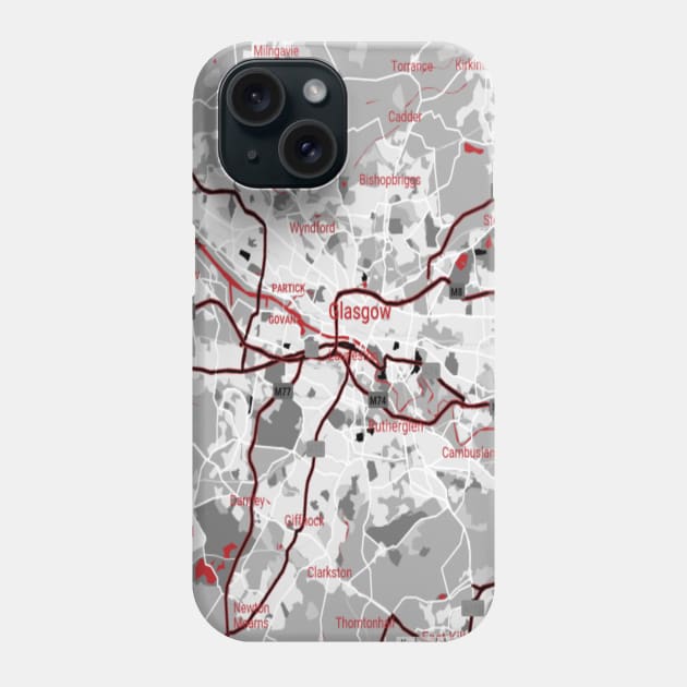 Glasgow red/grey map Phone Case by Mapmania