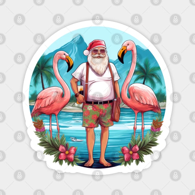 christmas in july santa at the lake with flamingos Magnet by Sara-Design2