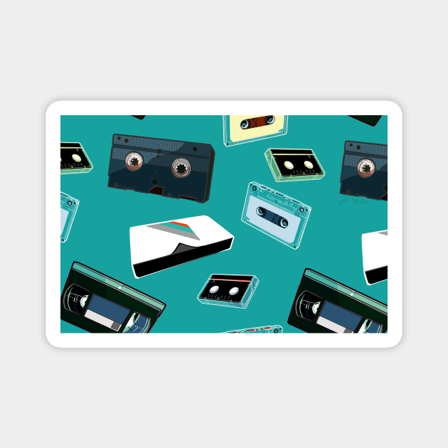 Analog teal background vintage VHS cassette tape old media Magnet by sandpaperdaisy