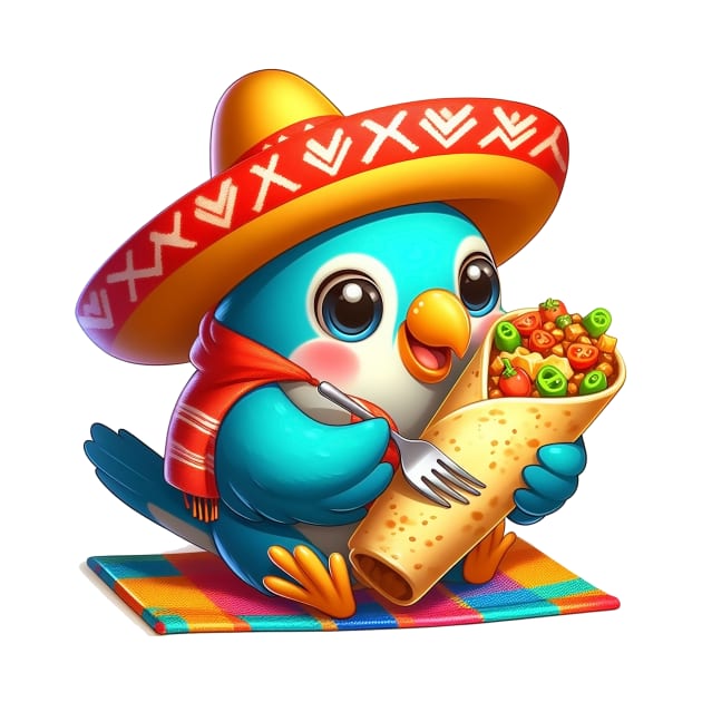 cute love birds are eating Mexican specialties, Tacos, Burritos, Enchiladas, Quesadillas, Guacamole, Fajitas, Chiles Rellenos, Tamales, Mole, Chilaquiles, by art poo