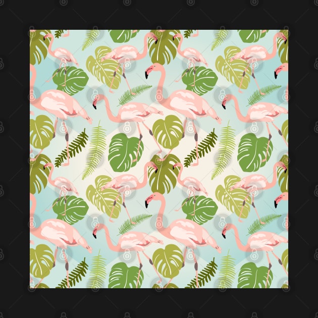 Hand drawn pink flamingo and monstera leaves. Seamless pattern by AnaMOMarques