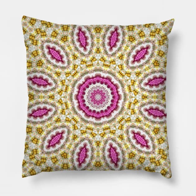 Mandala Kaleidoscope in Shades of Yellow and Pink Pillow by Crystal Butterfly Creations