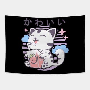 Kawaii Aesthetics Japanese Strawberry Milk Shake かわいい Cat - Violet - Strawberry Milk Tapestry