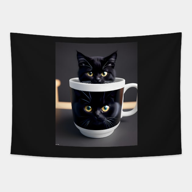 Adorable Black Cat Illustration- Modern Digital Art Tapestry by Ai-michiart