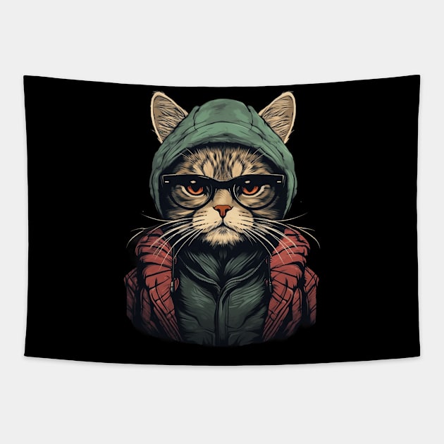 Hipster Cat with Hoodie and Glasses Tapestry by origato