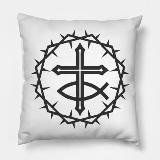 The cross of Jesus Christ and a fish, framed with a crown of thorns Pillow