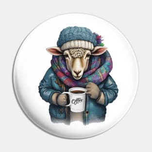 Sheep wearing a jacket holding a cup coffee Pin