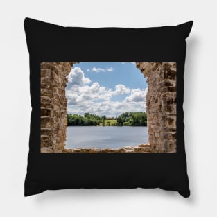 View to the river through ruins of Koknese Castle Pillow