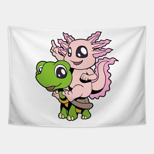 Cartoon - Cute axolotl sitting on turtle Tapestry by Modern Medieval Design