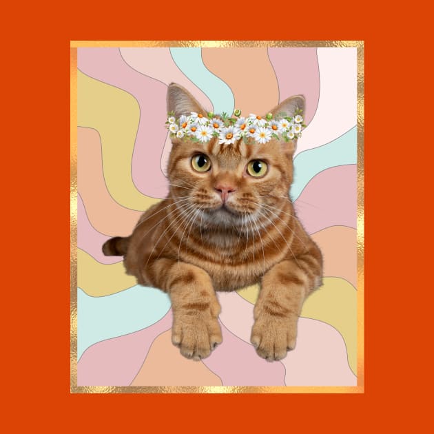 Funny 70's Hippie Cat with flower headband colorful design by Katebi Designs