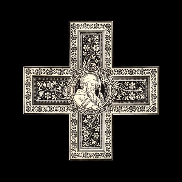 Antique Illustration Cross with Saint Benedict by Catholicamtees