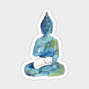 Watercolor Meditating Zen Buddha Statue with Sleepy Cat Magnet