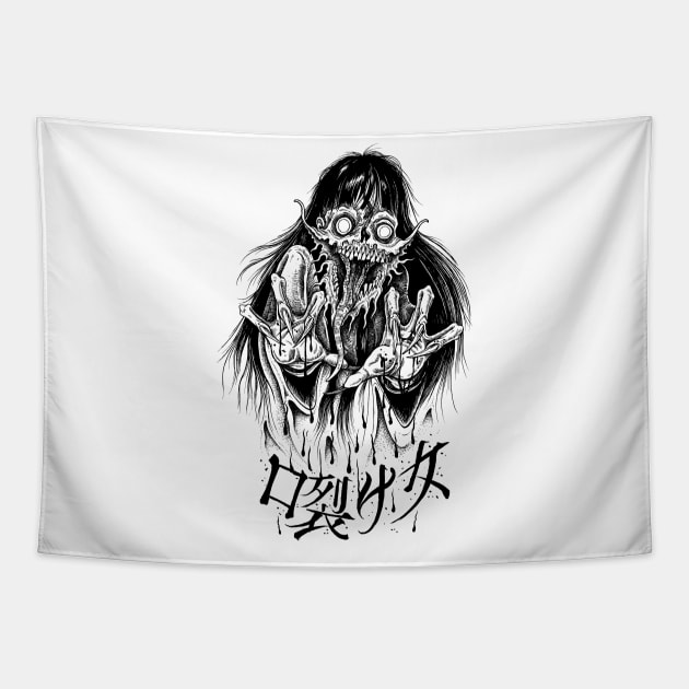 The Slit Mouthed Woman Kuchisake-onna Japanese Yokai Spirit Tapestry by btcillustration