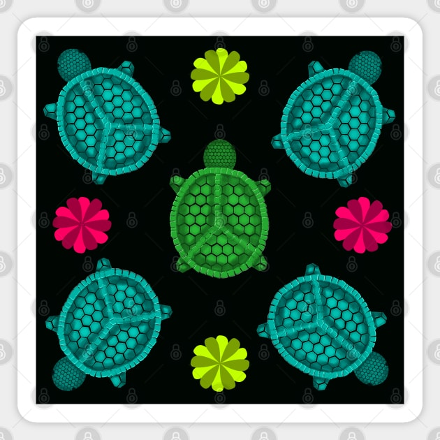 Groovy Peace Turtle Pattern Black Background - Turtle - Sticker | TeePublic