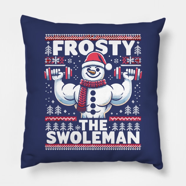 Frosty The Swoleman - Ugly Sweater Snowman Pun Fitness Humor Pillow by Lunatic Bear