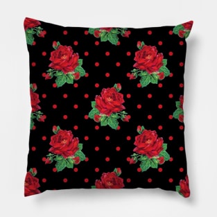 Red vintage roses red polka dots on black Pillow