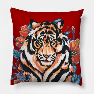 Tiger with Poppies Red by Cindy Rose Studio Pillow