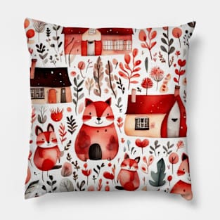 Red houses red village red animals Pillow