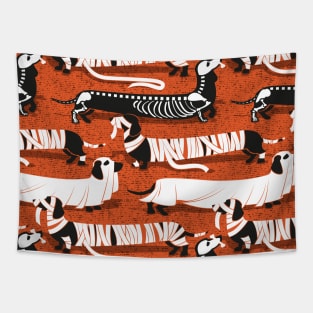 Spooktacular long dachshunds // pattern // orange background mummy ghost and skeleton dogs Tapestry