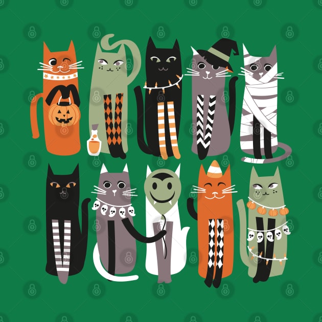 High Gothic Halloween Cats // print // green background orange brown sage green white and black kittens by SelmaCardoso