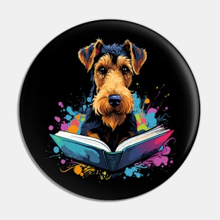 Airedale Terrier Reads Book Pin