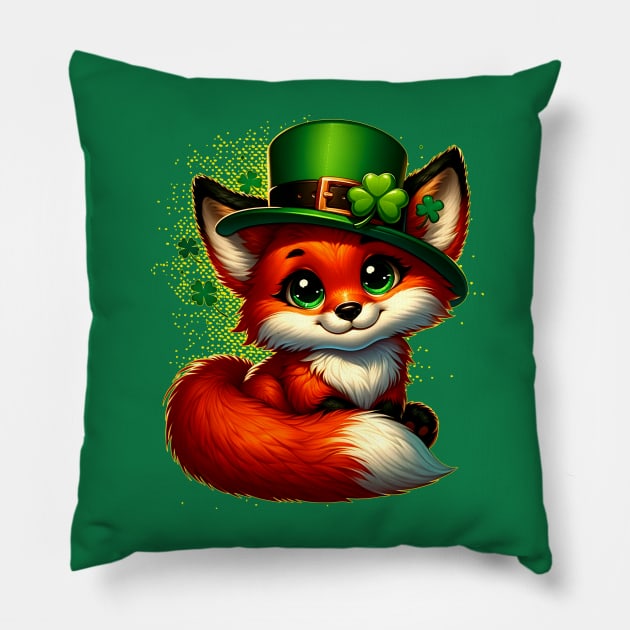 St. Patrick's Day Cute Fox in Green Hat with Shamrock Decoration Pillow by JJDezigns