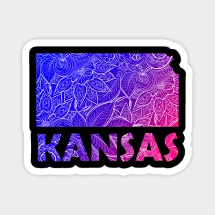 Colorful mandala art map of Kansas with text in blue and violet Magnet