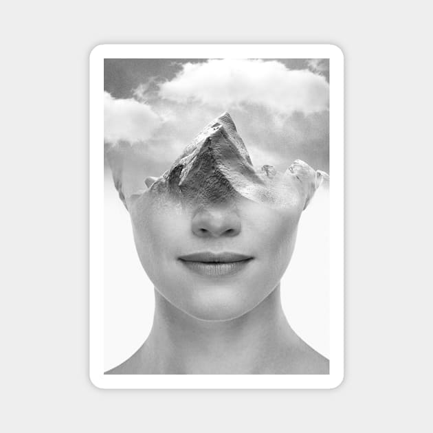 Black and white portrait of a dreaming girl in collage style Magnet by Mess_Art