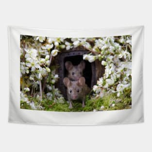 George the mouse in a log pile house - SPRING Tapestry