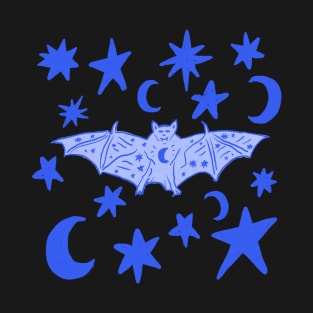 Witchy Bat with Stars and Moons, Blue T-Shirt